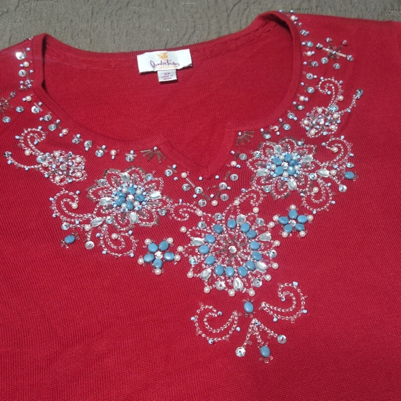 Quacker Factory Red beaded/sequined Tunic Top 2X Valentine's Day - Picture 3 of 10